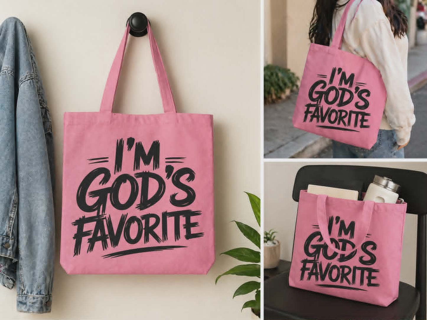 Pink Christian Tote Bag “I’m God’s Favorite” Faith-Based Inspirational Tote