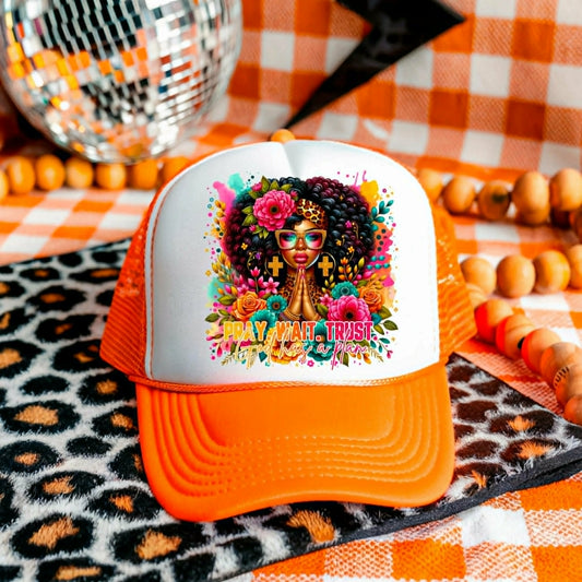 Pray Wait Trust Trucker Hat Christian Faith Based Snapback (Inspirational Design)