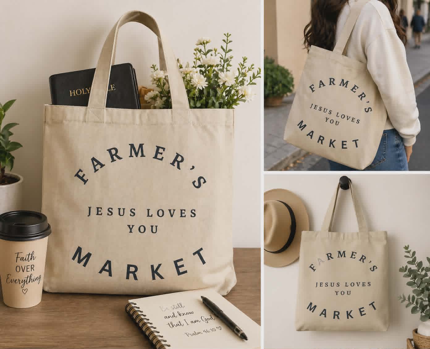Jesus Loves You Canvas Tote Bag Christian Faith-Based Everyday Bag