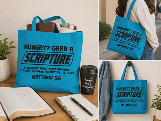 Blue Christian Tote Bag “Hungry? Grab a Scripture” – Matthew 5:6 Faith-Based Tote
