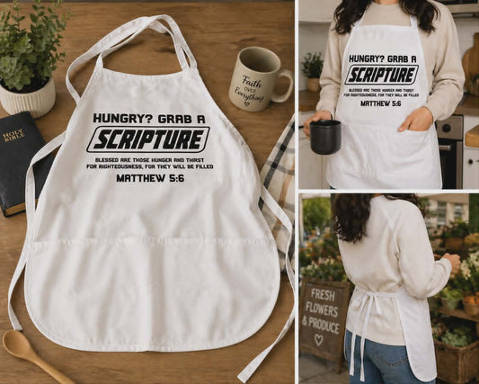 Christian Apron “Hungry? Grab a Scripture” – Matthew 5:6 Faith-Based Kitchen Apron